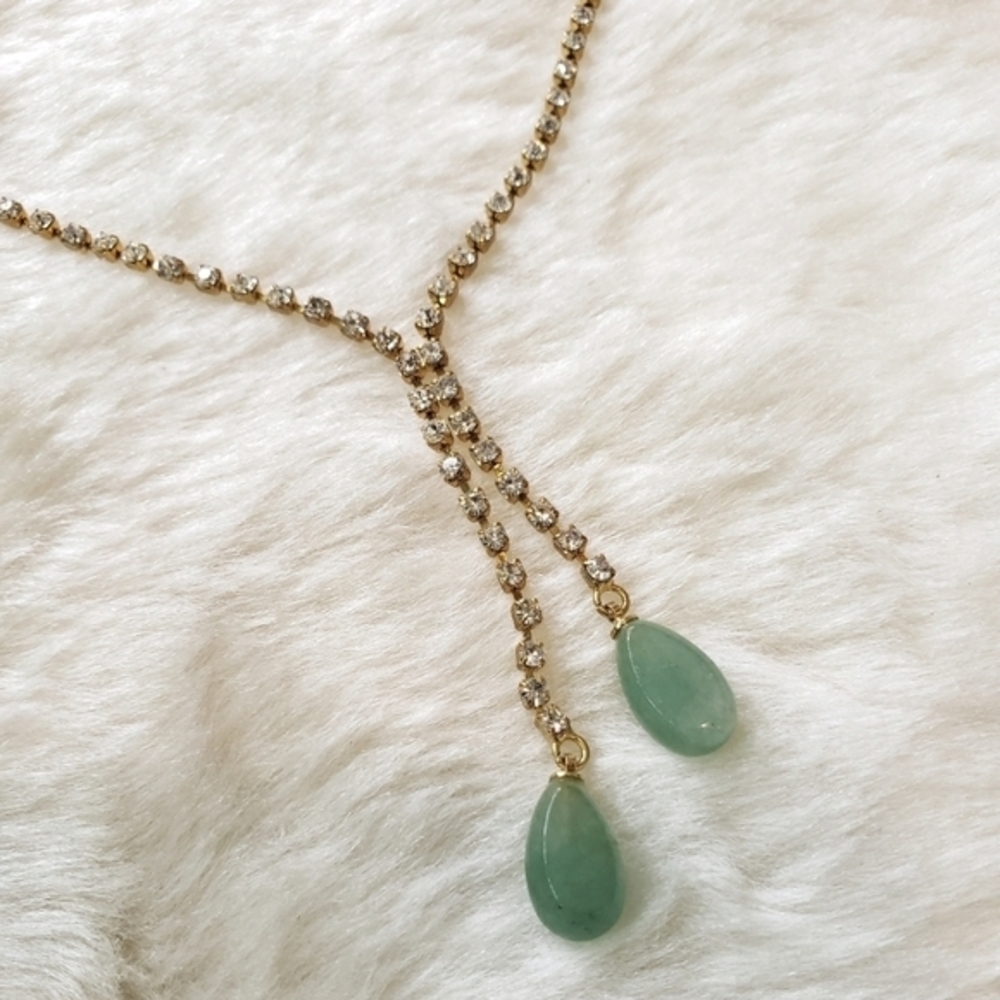 CRYSTAL Rhinestone Chain Y Lariat Necklace Green Aventurine Stones